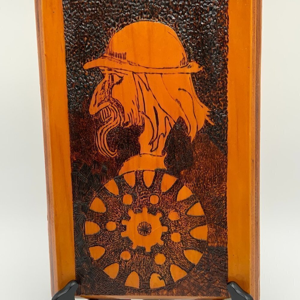 Vintage Handmade Pyrography Wall Art Man and Wheel 12" x 8"